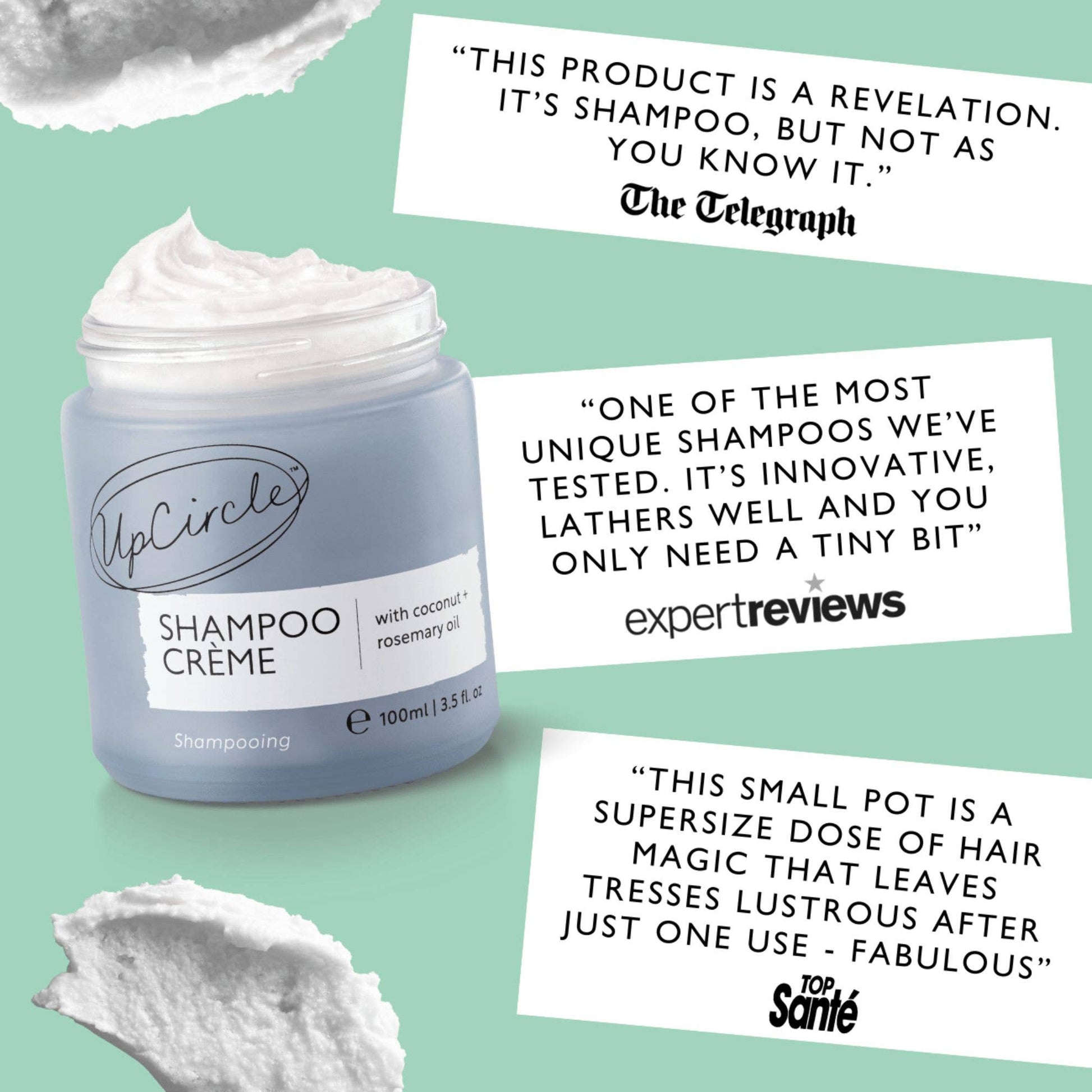 UpCircle Shampoo Crème jar with positive reviews on a light green background