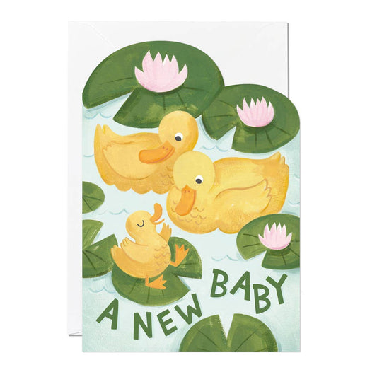Greeting card with rubber duck illustration and 'A New Baby' text on a white background