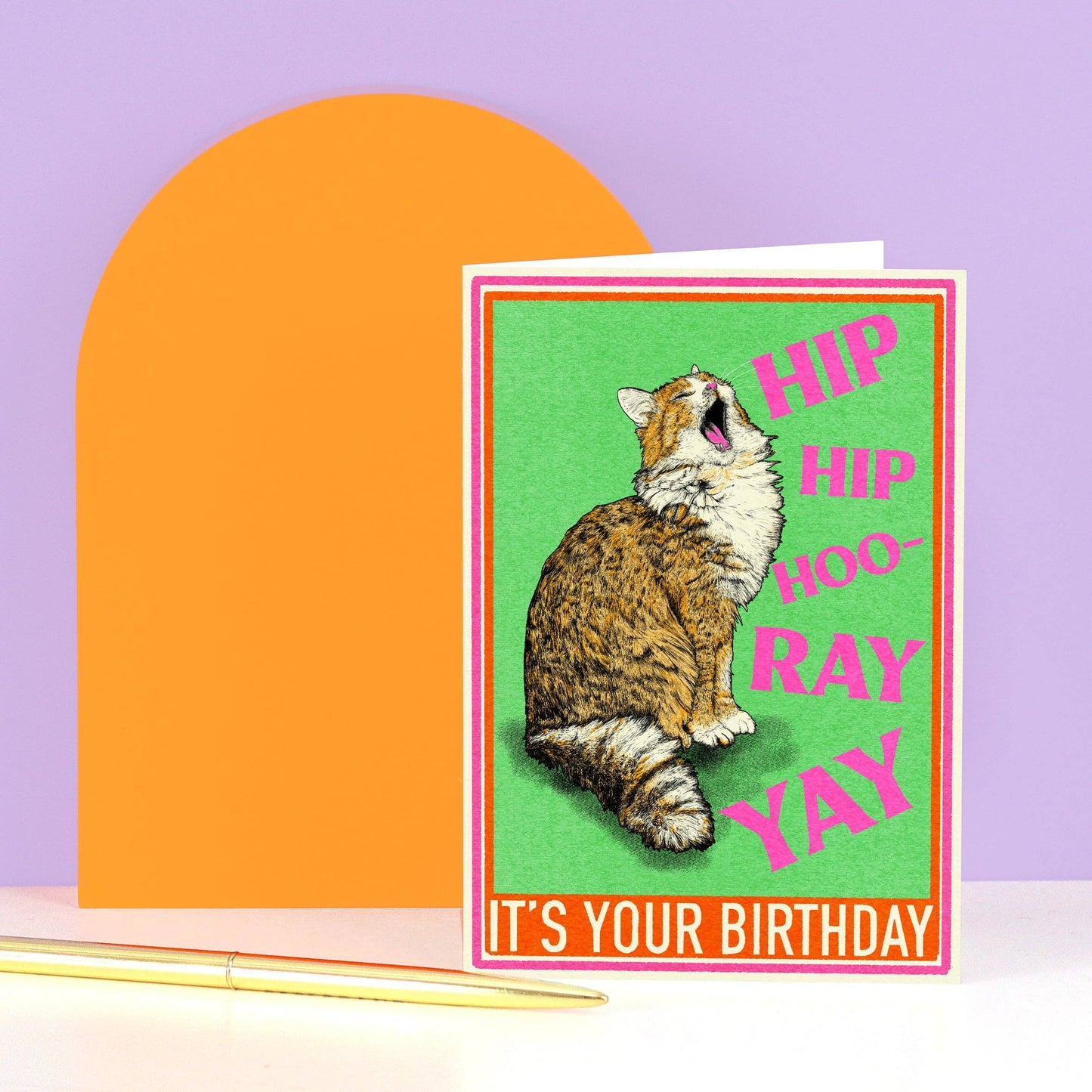 Illustration of a cat meowing with the words Hip hip hooray yay its your birthday.