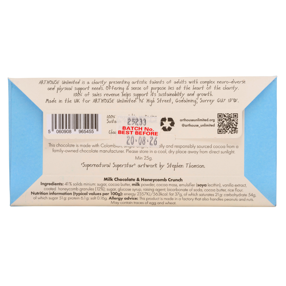Back of a chocolate bar packaging with text and branding details.