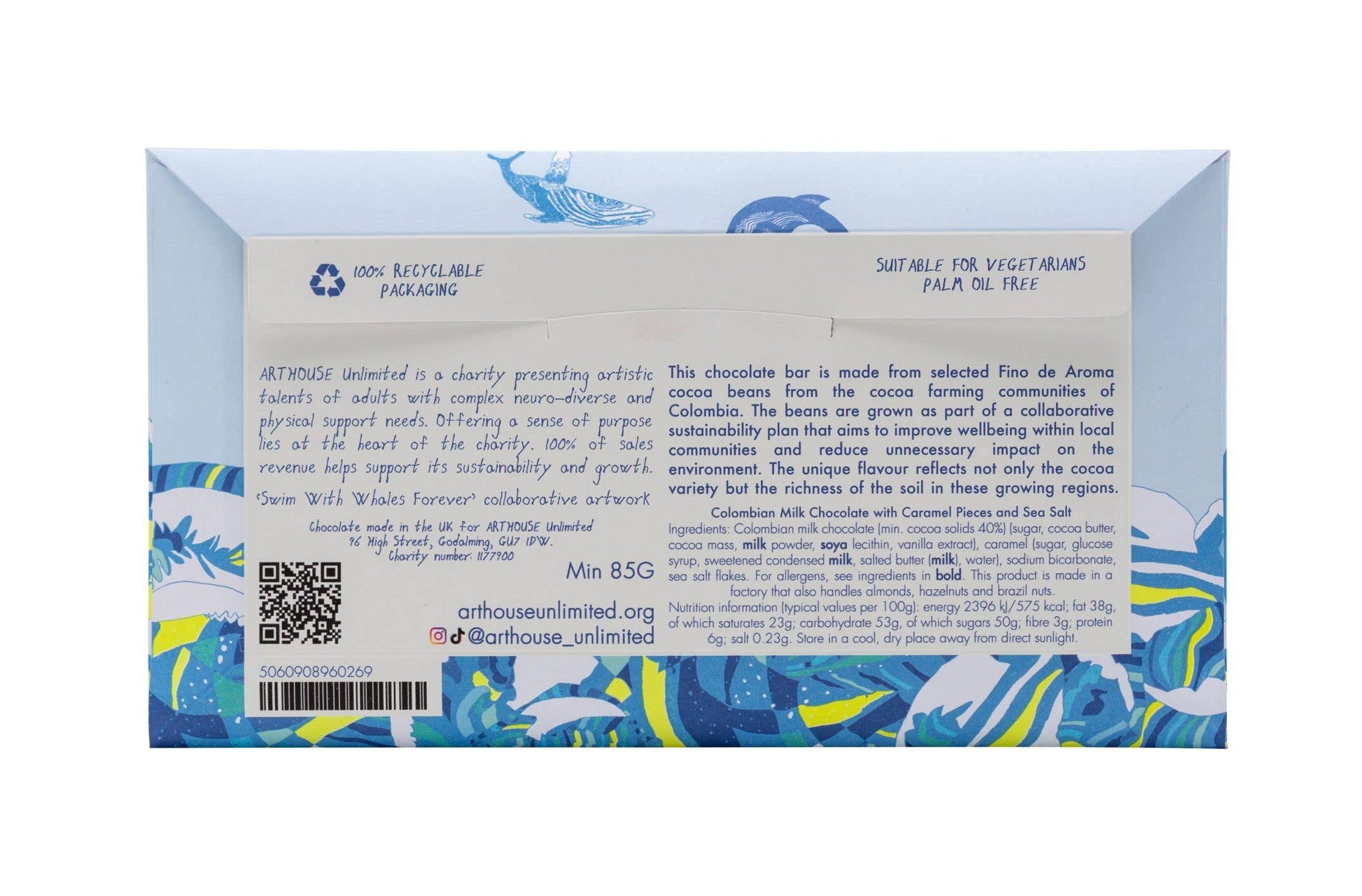 Back of a chocolate bar packaging with text and QR code on a blue and white background
