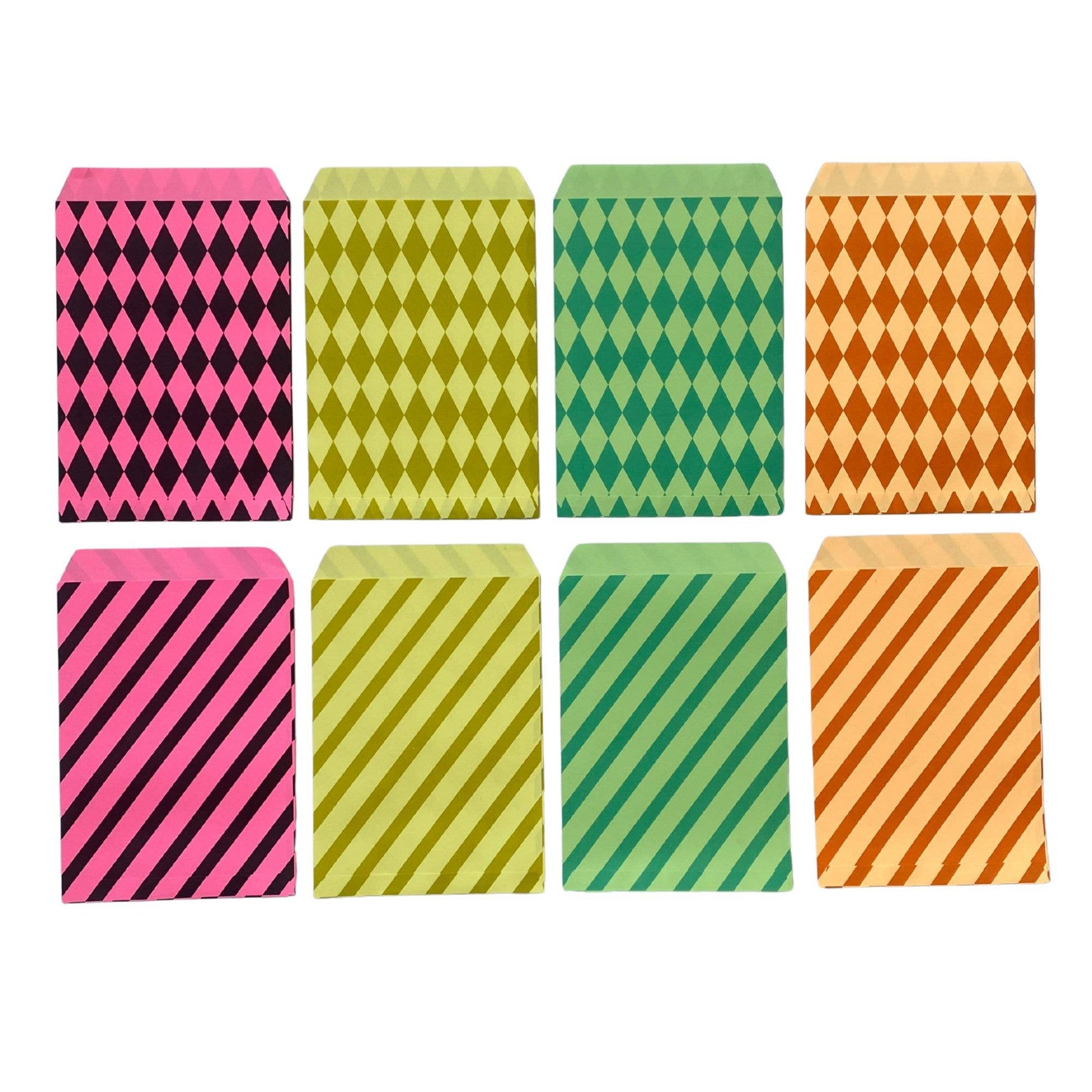 Set of eight small envelopes with diamond and striped patterns in pink, green, and orange on a white background.