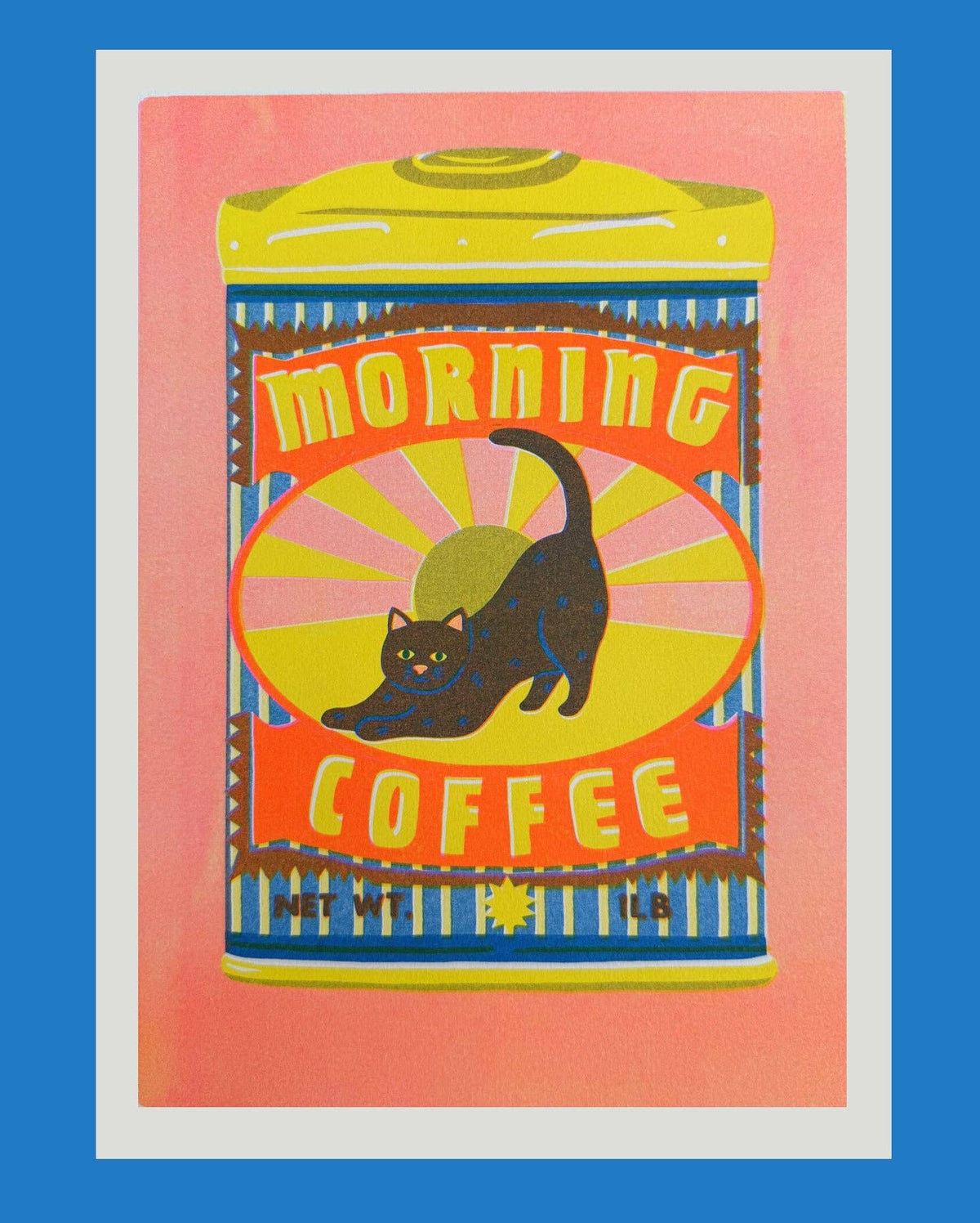 Vintage-style 'Morning Coffee' poster with a black cat design on a pink background