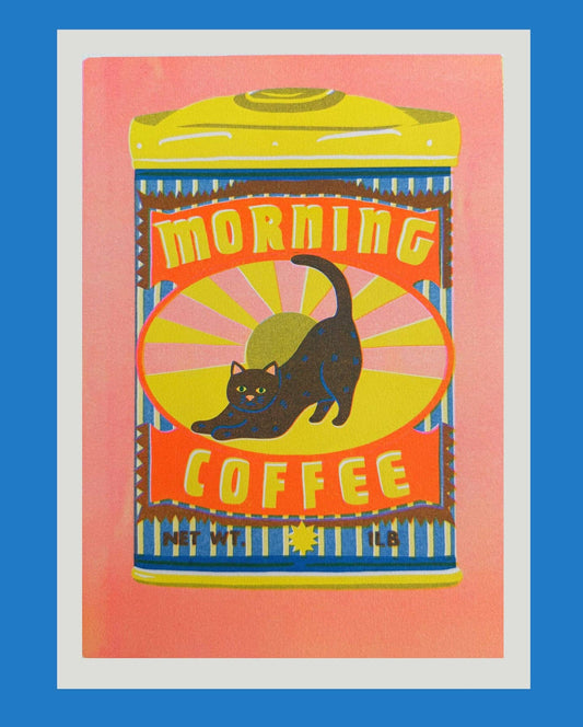 Vintage-style 'Morning Coffee' poster with a black cat design on a pink background