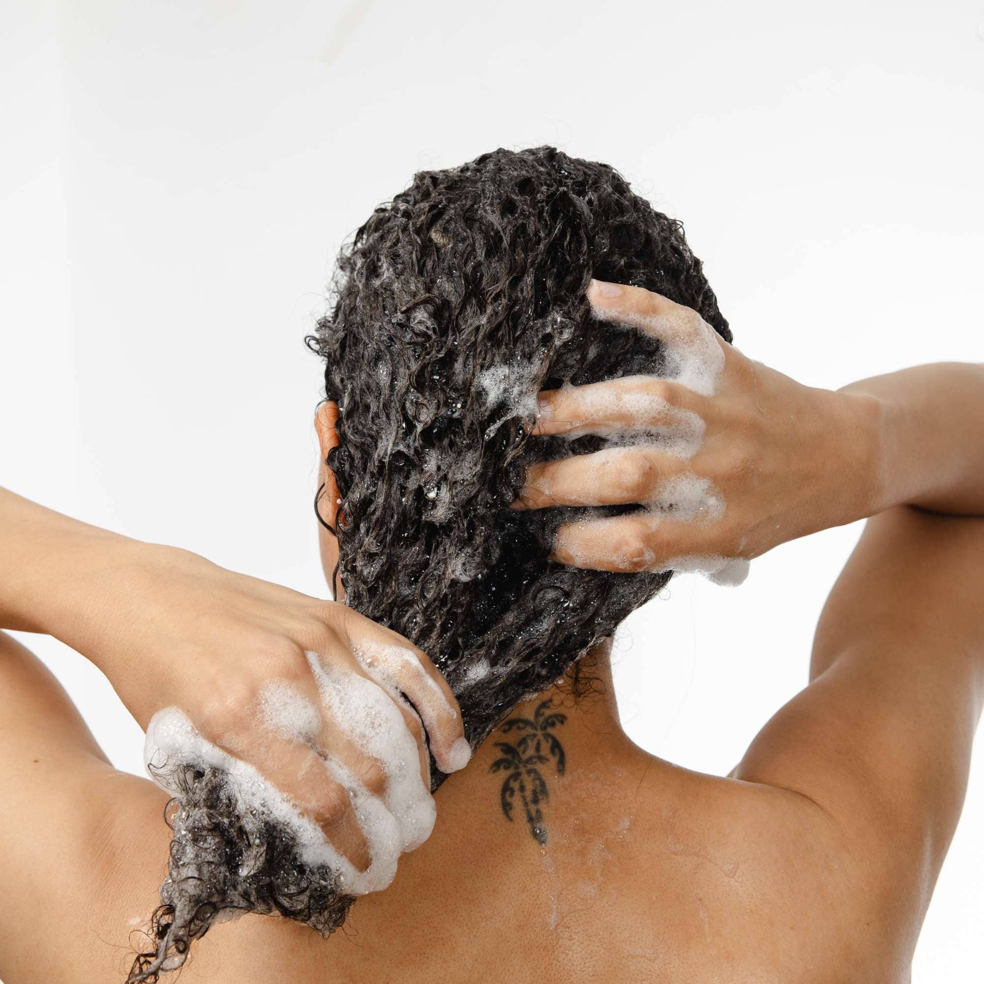 Person washing their hair with shampoo against a white background