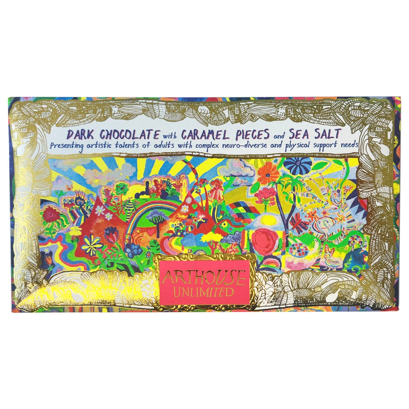 Colorful chocolate bar packaging with artistic design and text on a black background