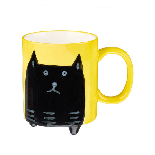 Yellow mug with a black cat design on a white background