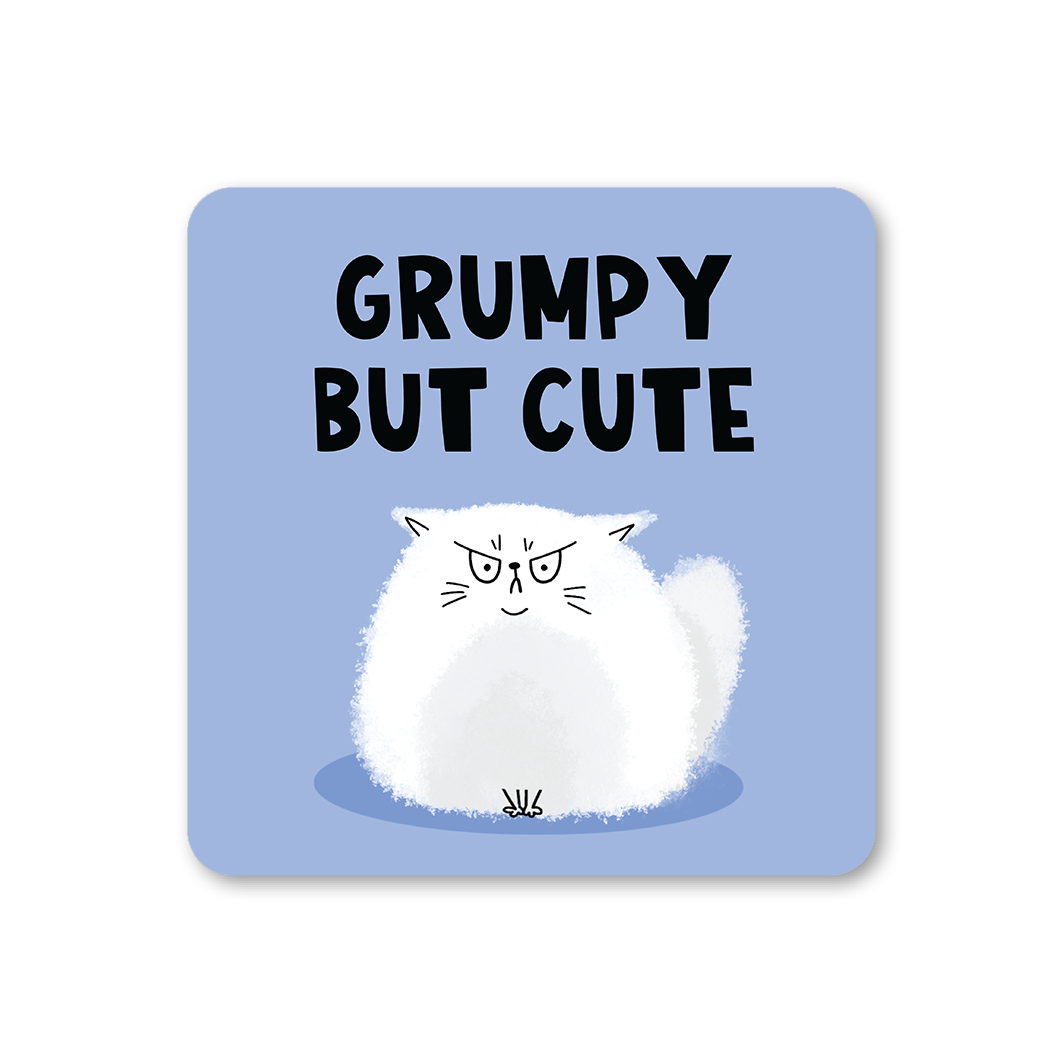 Square coaster with a white cat illustration and text 'GRUMPY BUT CUTE' on a light blue background