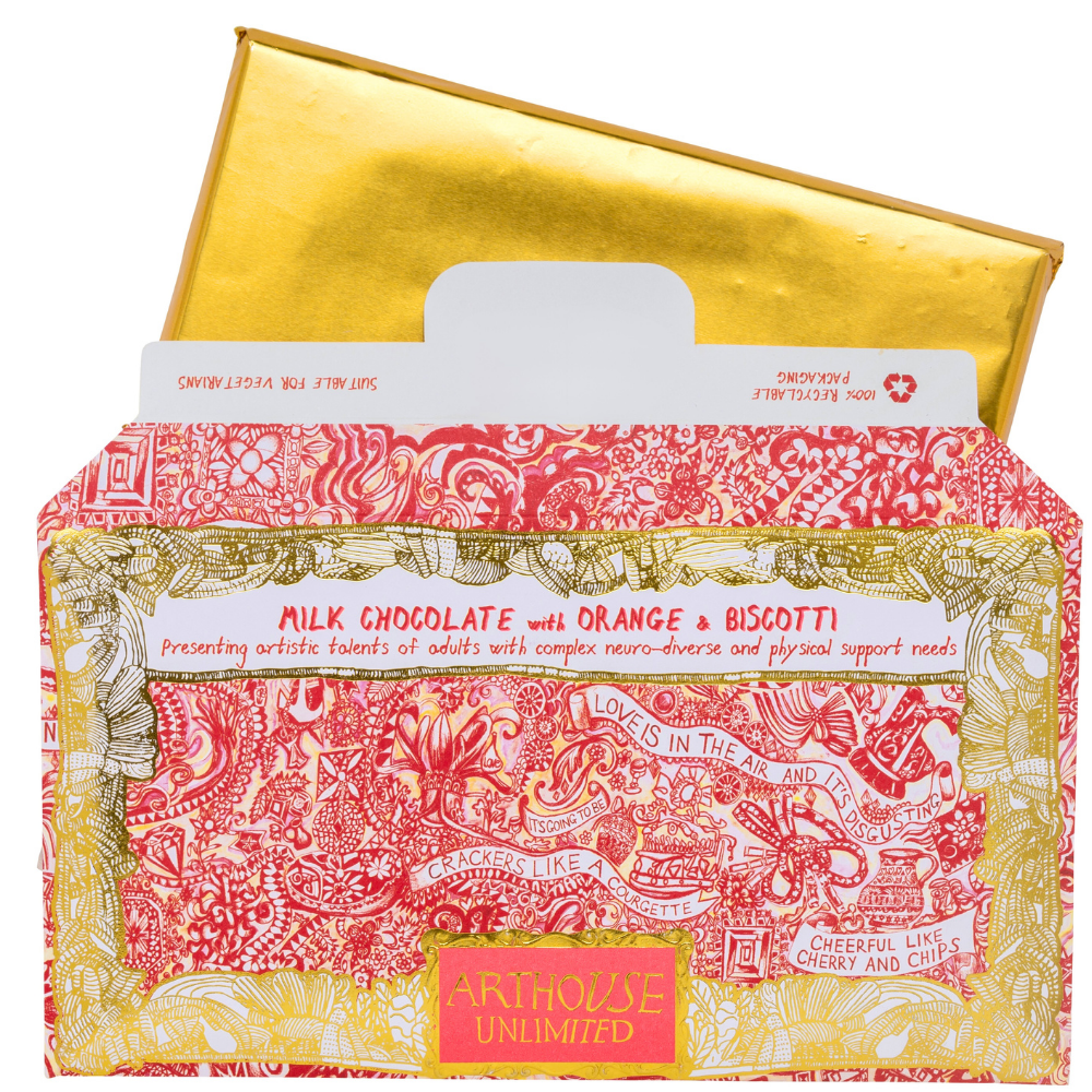 Chocolate packaging with red and gold design featuring 'Arthouse Unlimited' branding.