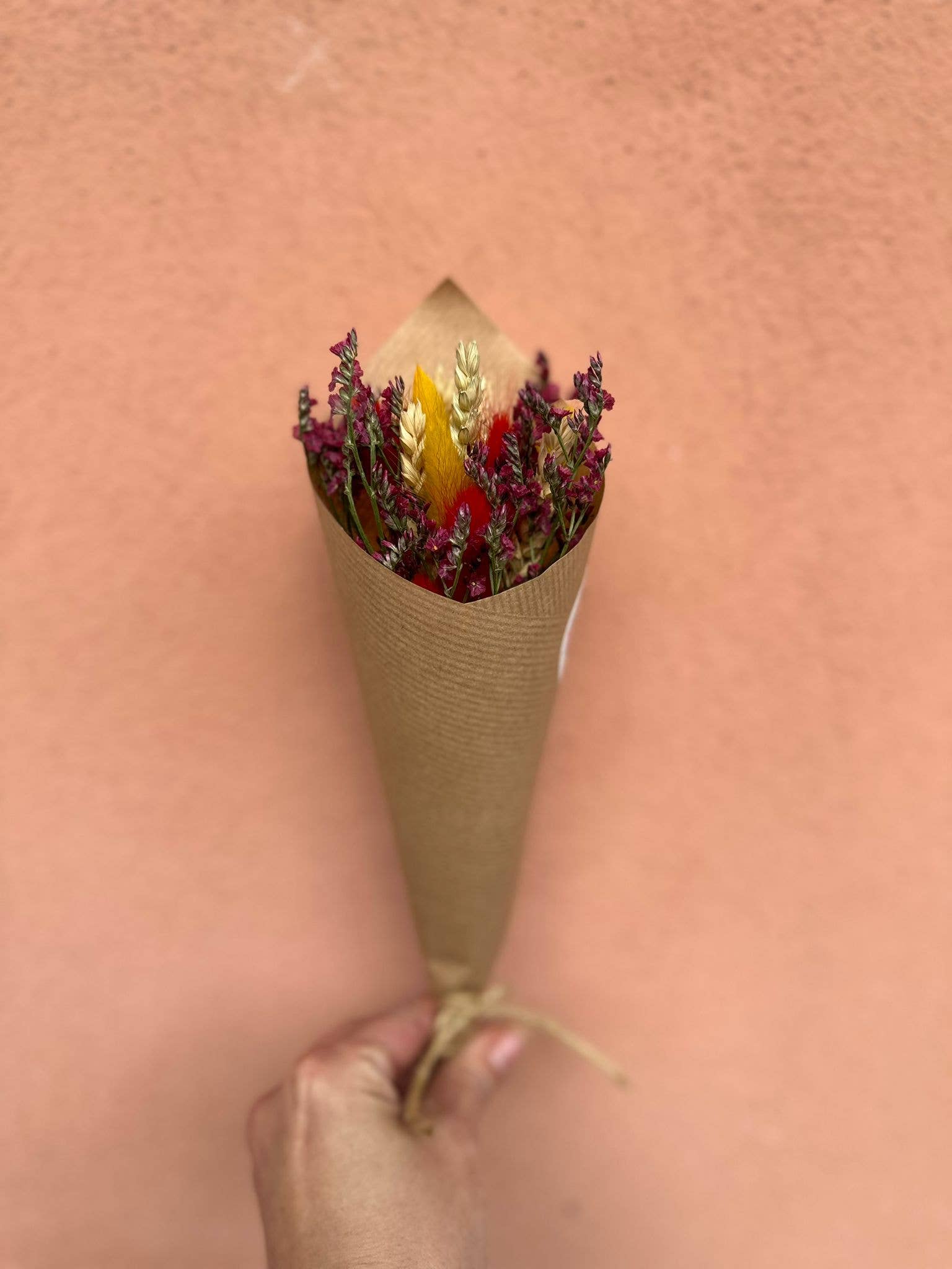 Bouquet of dried flowers in a brown paper cone against a pink background