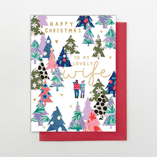 Christmas card with colorful trees and 'Happy Christmas to my lovely wife' text on a white background.