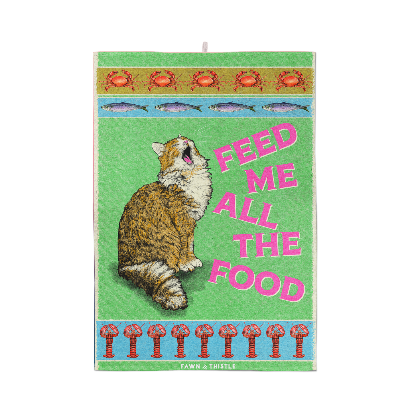 Tea towel with a cat illustration and text 'Feed Me All The Food' on a green background.