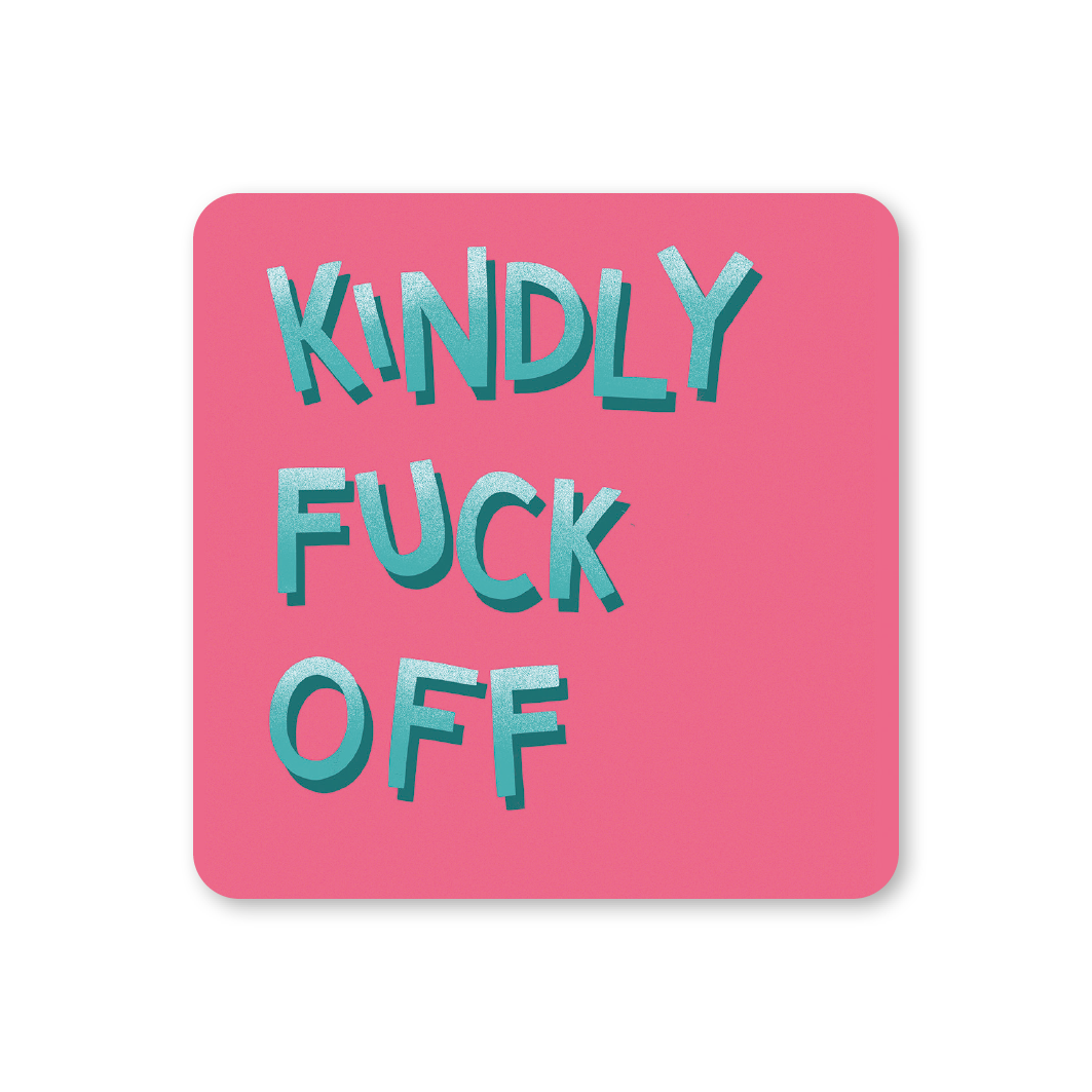 Pink square coaster with blue text on a white background