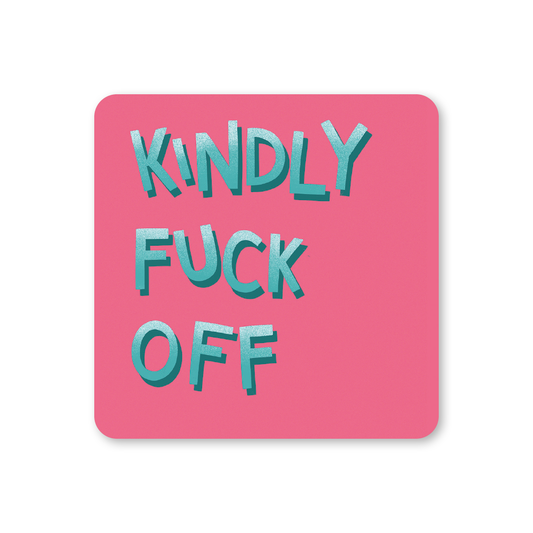 Pink square coaster with blue text on a white background
