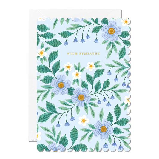 Blue Floral with sympathy card on a white background.