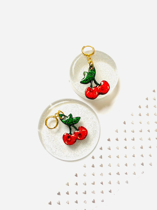 Resin and wood Cherry drop earrings.