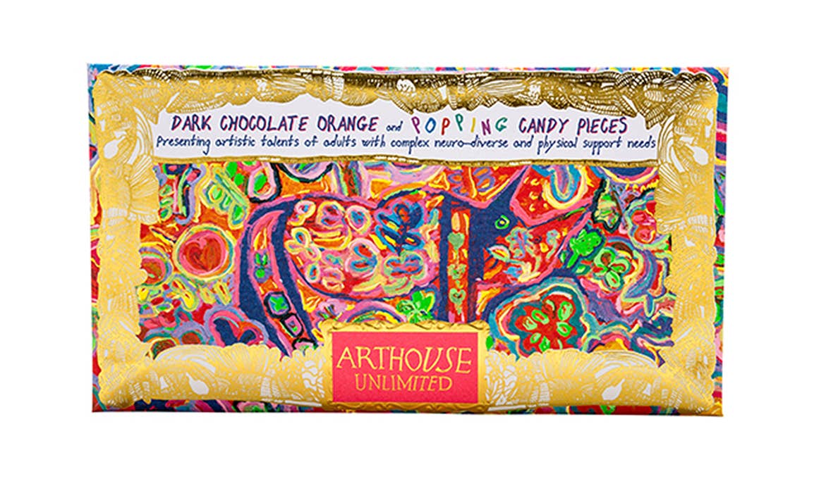 Colorful candy bar with abstract design and 'Arthouse Unlimited' branding on a white background