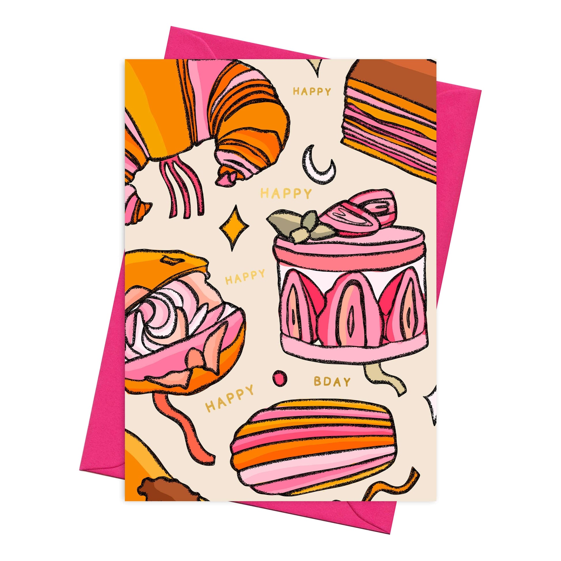 Parisian Patisserie pastries and cakes birthday card in pink & orange, maximalist card, birthday cards