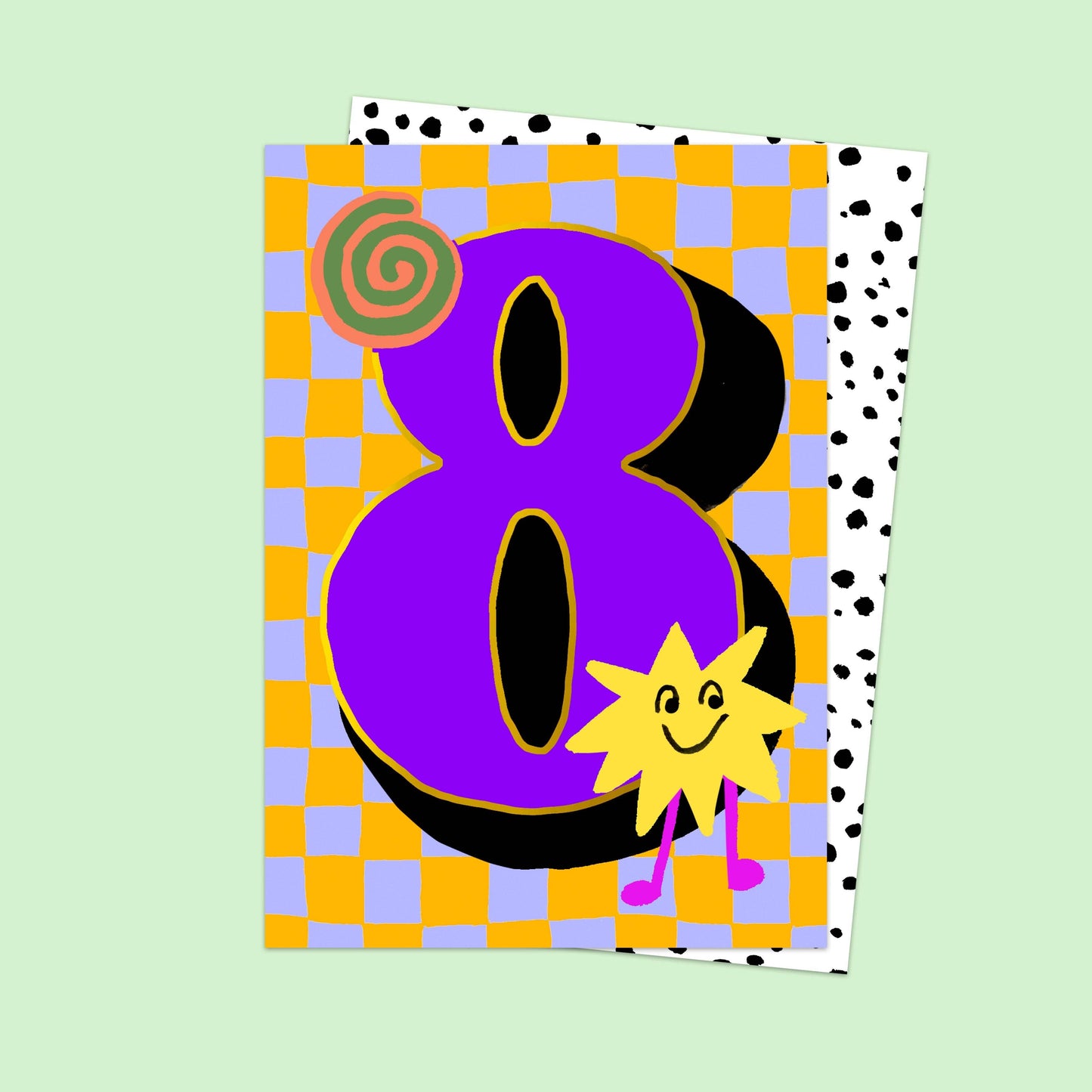 Colorful card with the number 8 on a checkered background