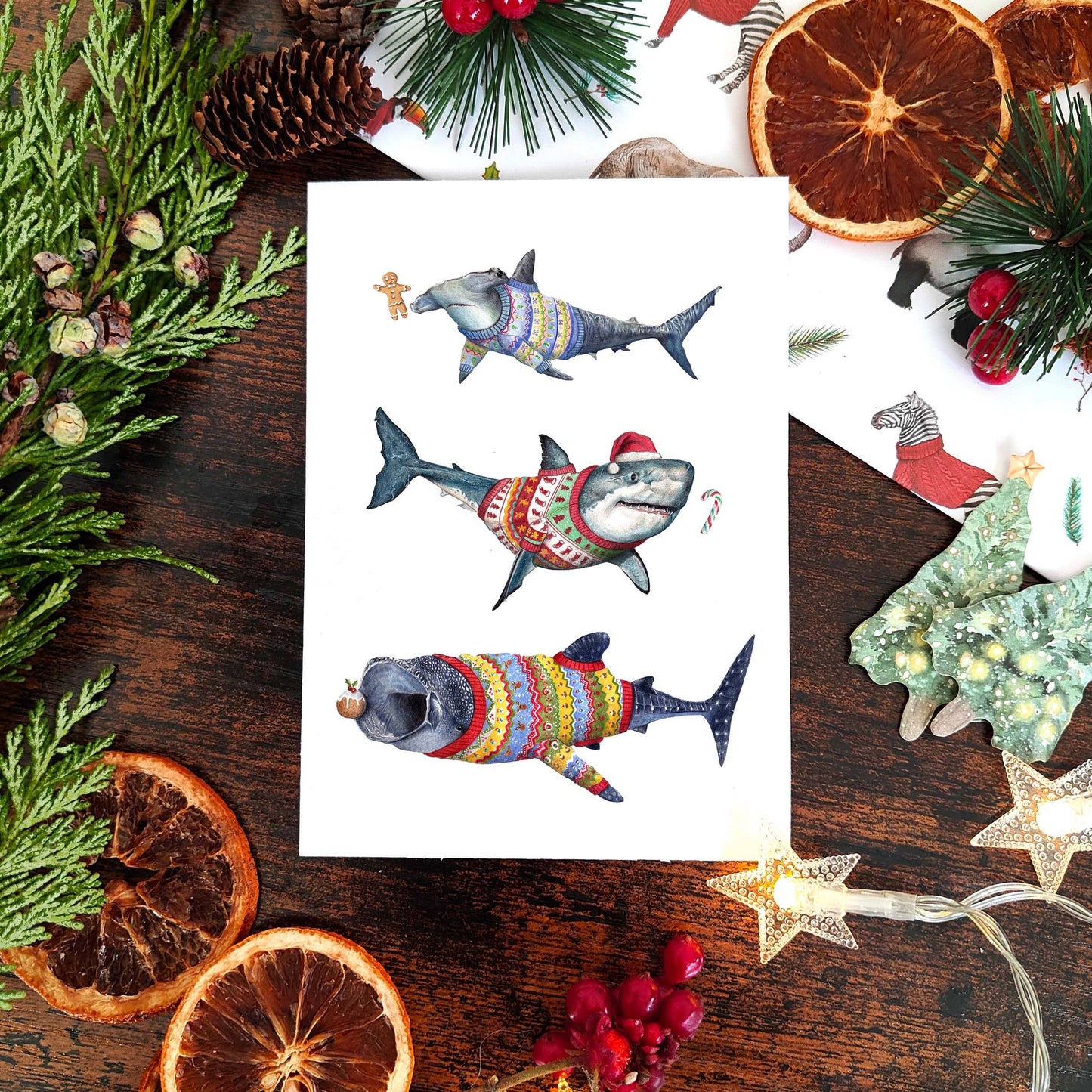 Sharks In Jumpers Christmas card | Aquarium Sea Life Cards