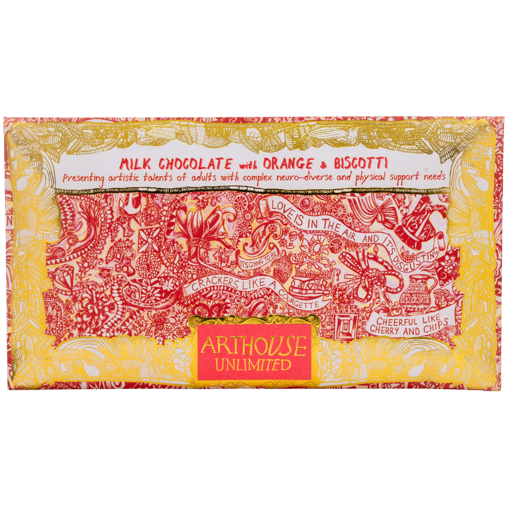 Chocolate bar packaging with intricate design and 'Arthouse Unlimited' branding