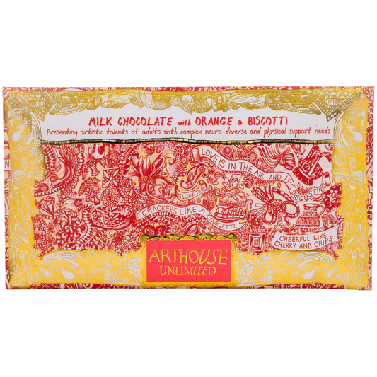 Chocolate bar packaging with intricate design and 'Arthouse Unlimited' branding