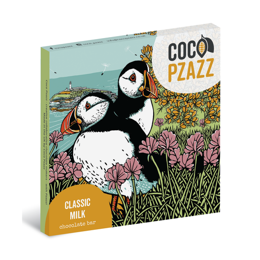 Coco Pzazz chocolate bar packaging with puffins and flowers