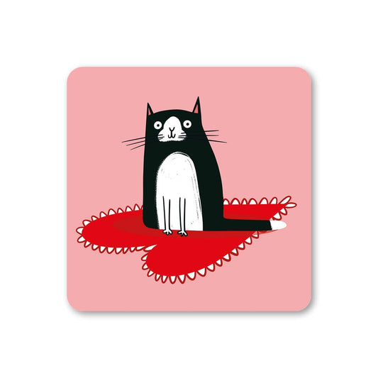 Square coaster with a black and white cat design on a pink background