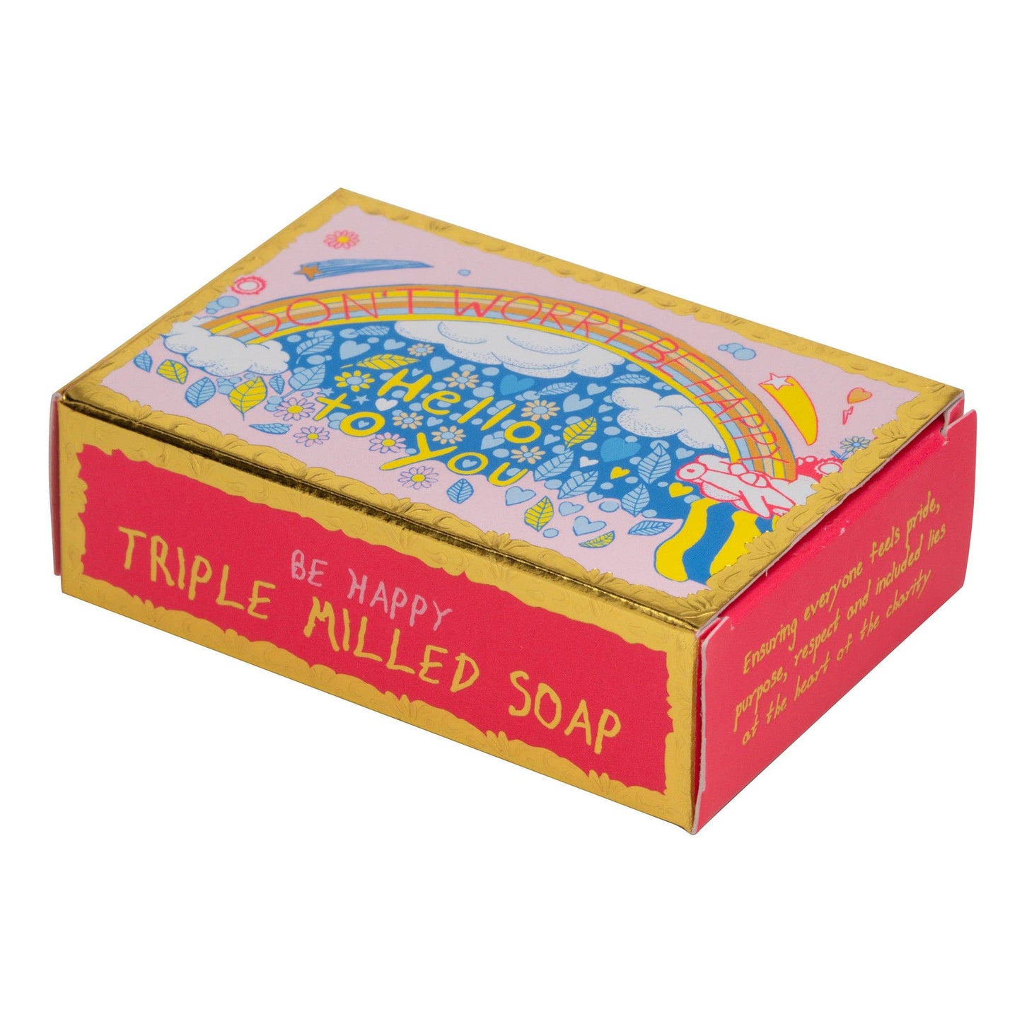 Box of triple milled soap with colorful design and text on a white background