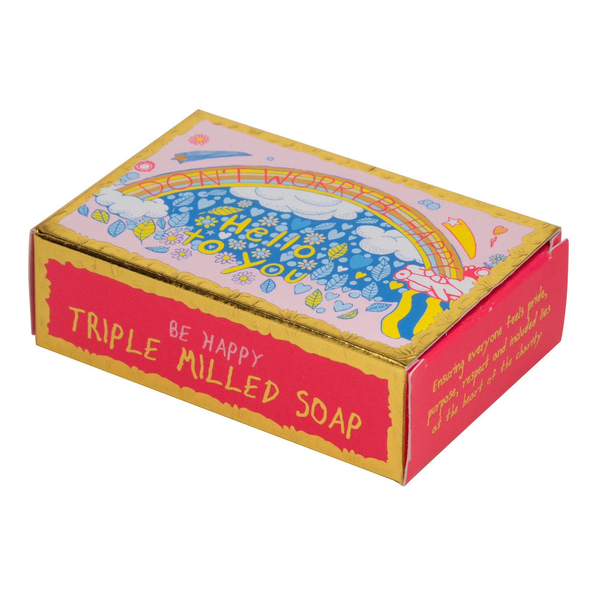 Box of triple milled soap with colorful design and text on a white background