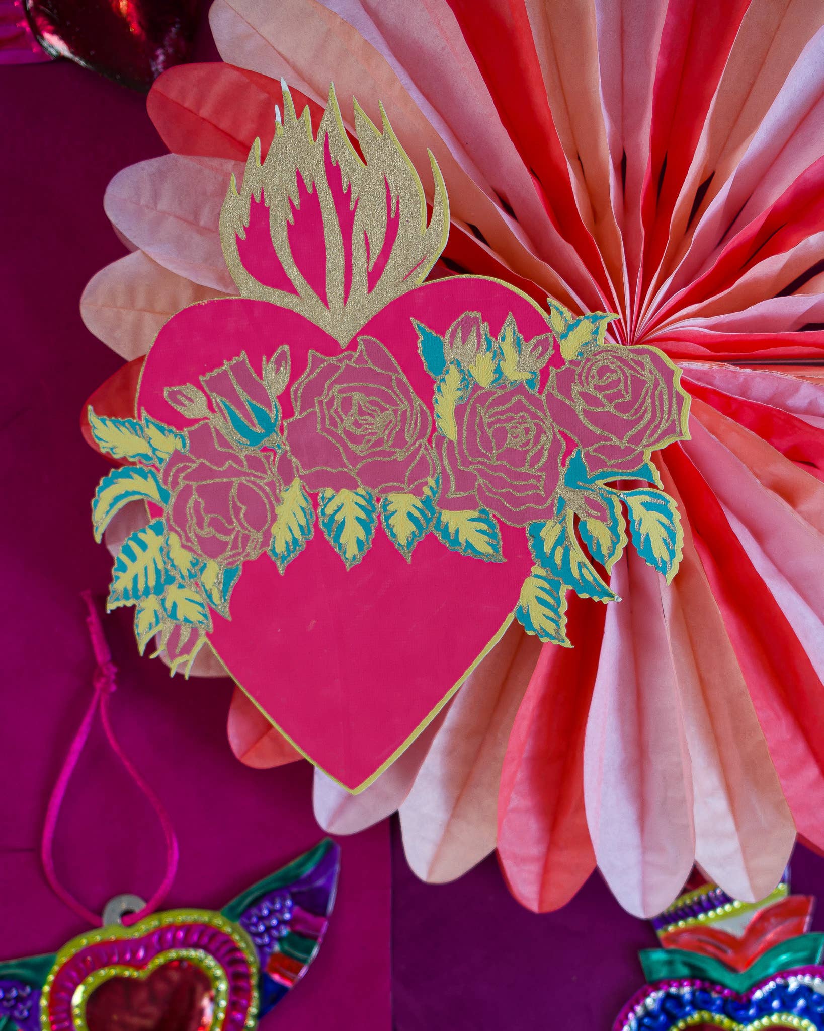Screen printed flaming heart card