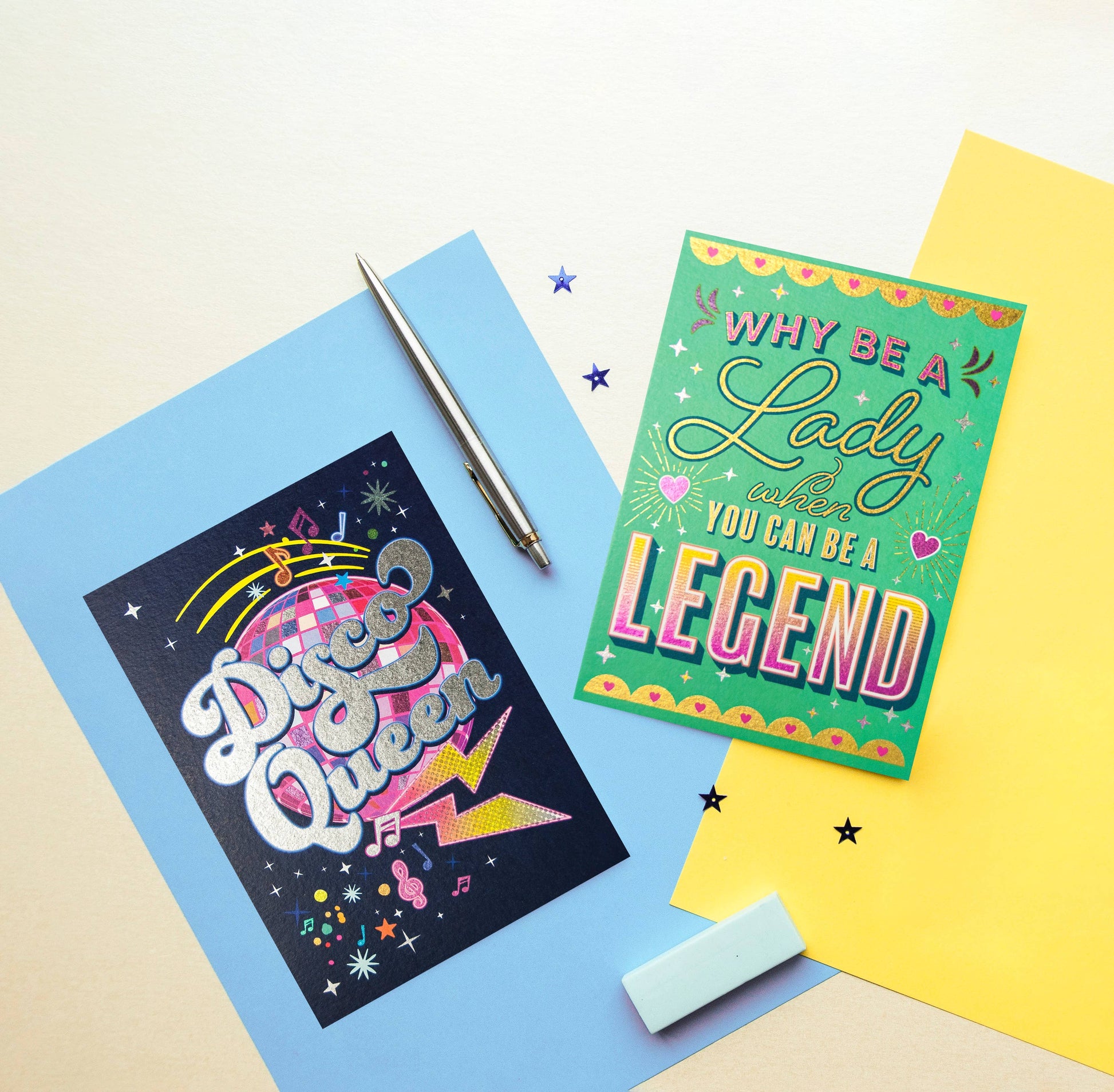 A green card with the text "Why be a lady when you can be a legend".