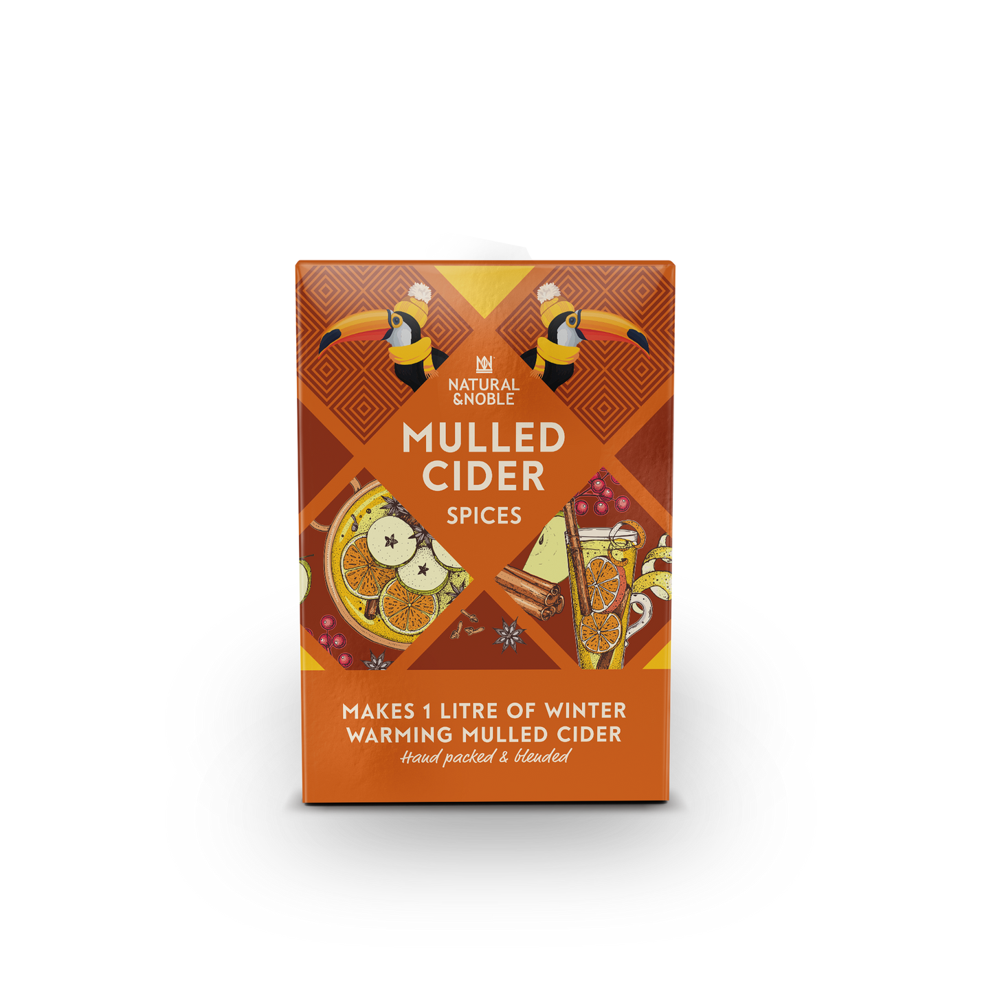 Box of mulled cider spices with illustrations on a white background