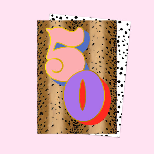 Colorful number '50' design on a leopard print card with a polka dot border.