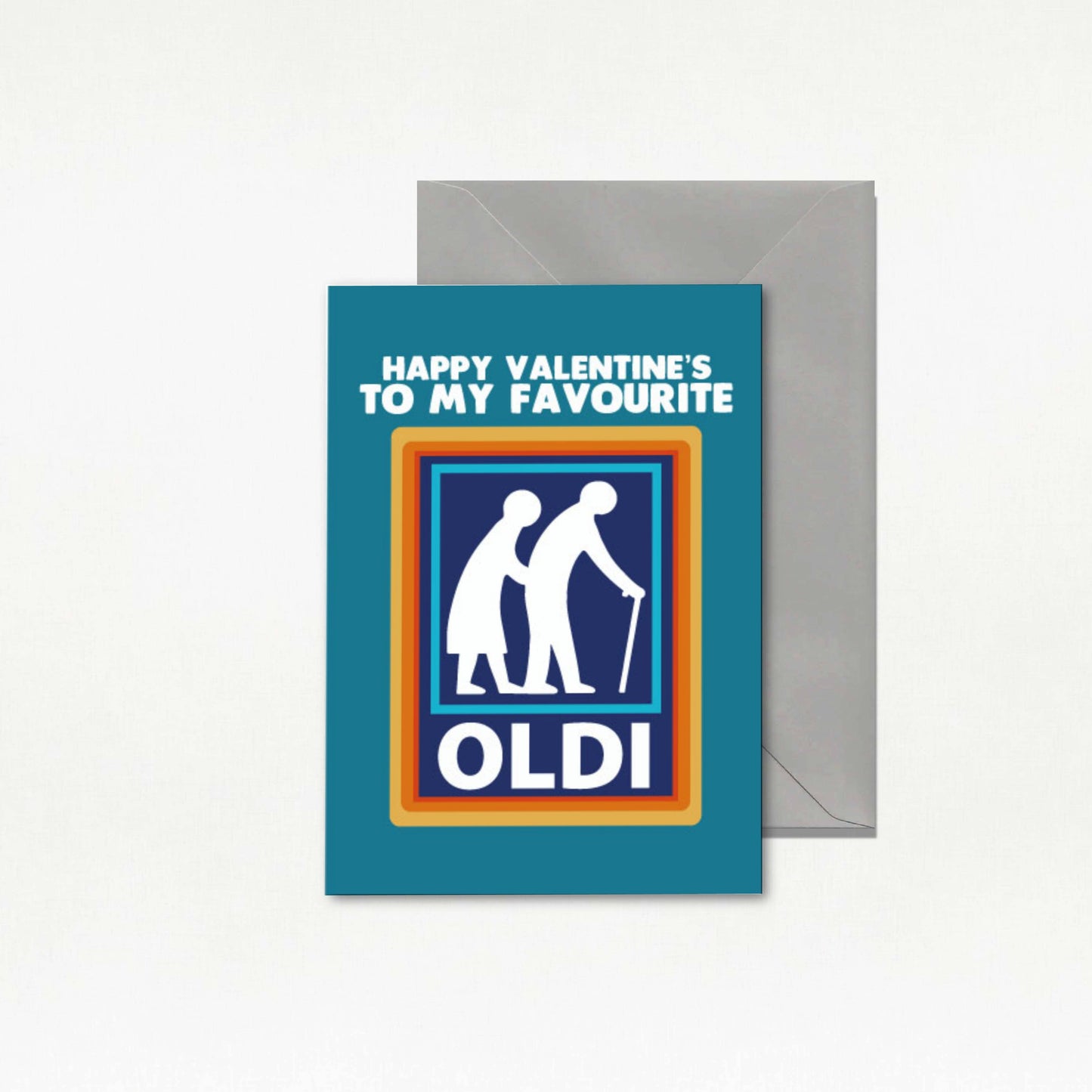 Valentine's Day card with two people and the text 'Happy Valentine's to my favourite oldie' on a blue background.