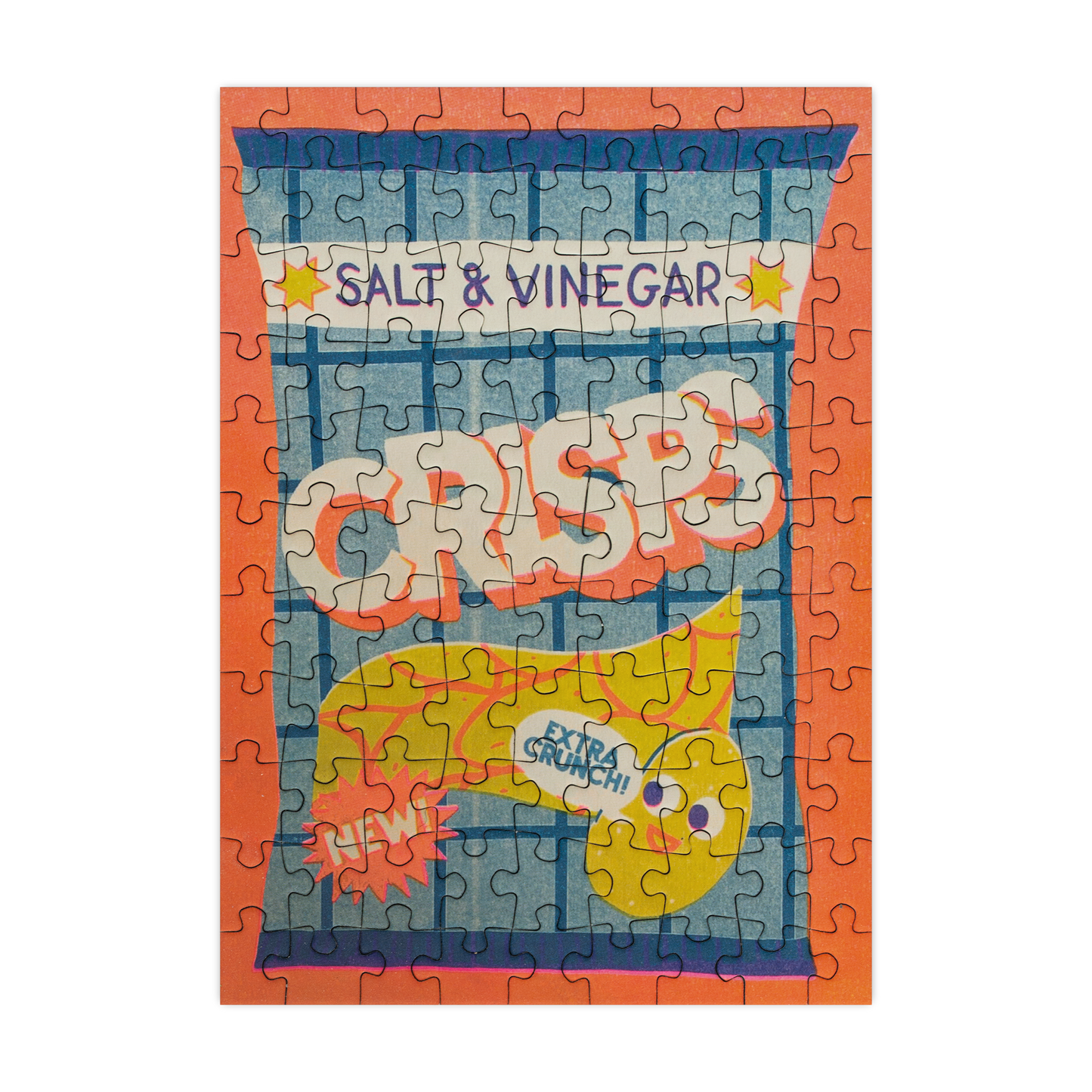 Jigsaw puzzle with a colorful design of a fish and text on an orange border