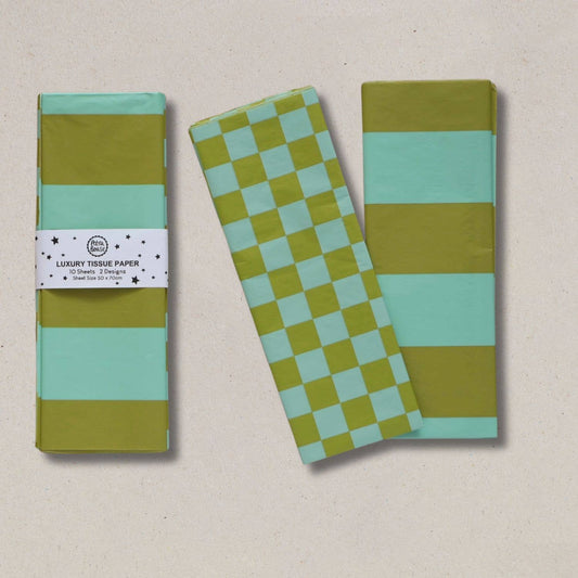 Luxury Tissue Paper Chequerboard/Stripe - Pale Olive/Turq