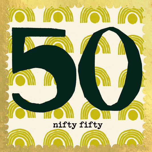 Card with '50' in black on a gold and white patterned background
