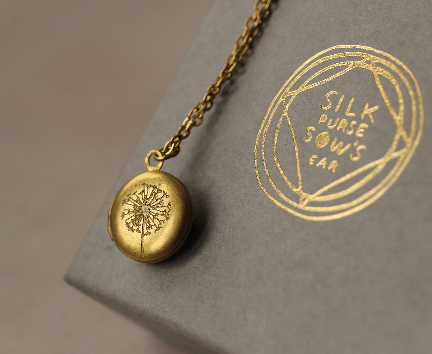 Tiny Brass Round Dandelion Locket Necklace