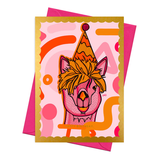 Birthday card with a party alpaca.  Blank inside