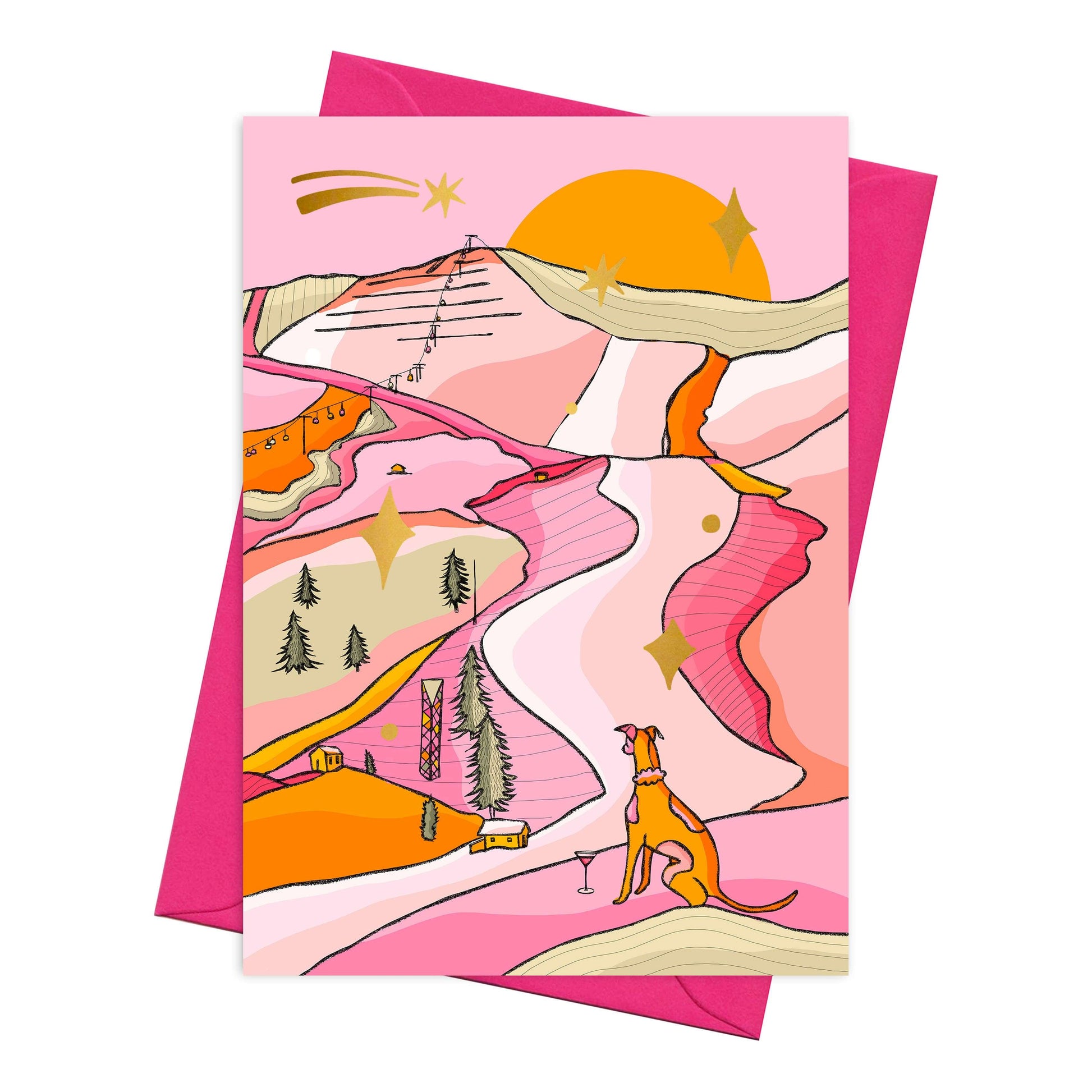 Pink & orange winter wonderland card with a whippet, Christmas cards, scenic landscape card