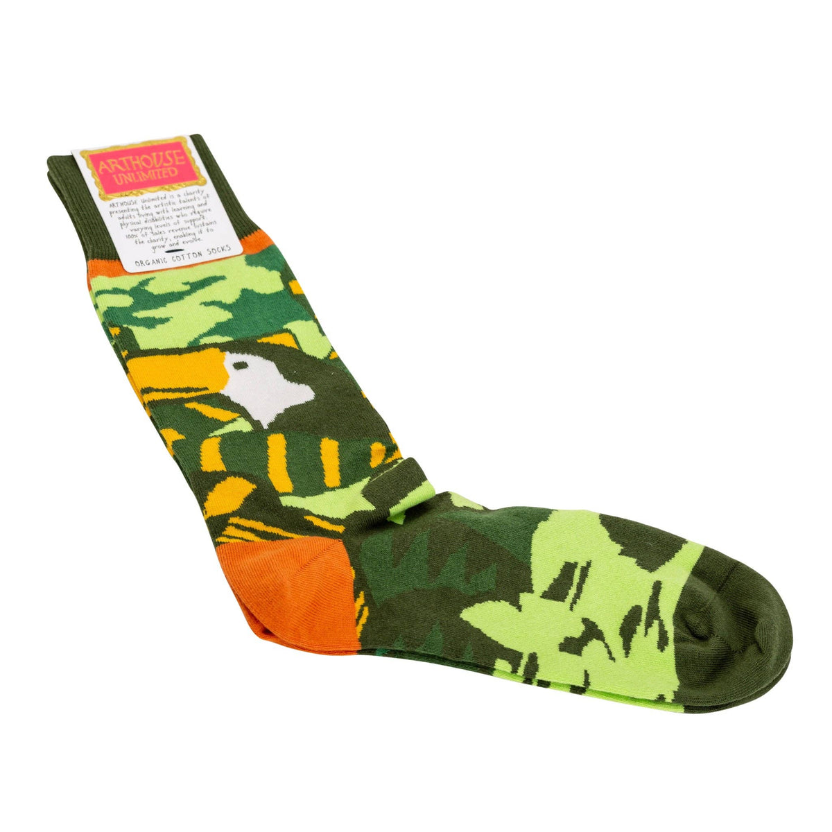A single crew sock with a green camouflage pattern, featuring a stylized white bird graphic, orange accents on the toe and heel, and a white product tag attached to the cuff.