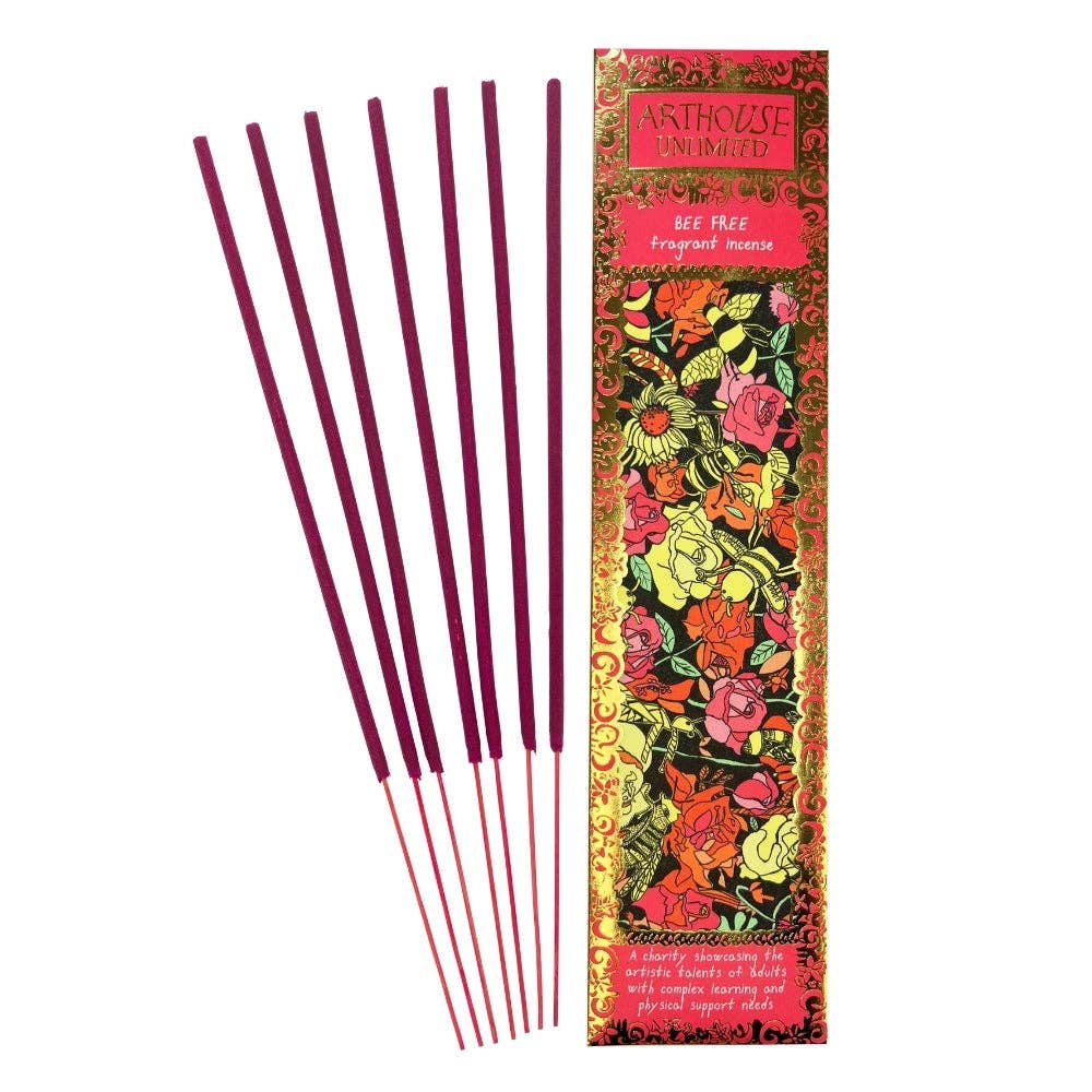 Five incense sticks with deep purple-red tips and light pink bodies are displayed next to their decorative packaging box by Antrouse Incense. The box features a vibrant, multicolored floral pattern with gold accents and reads 'ANTROUSE INCENSE' and 'BEE TREE Fragrant Incense'.