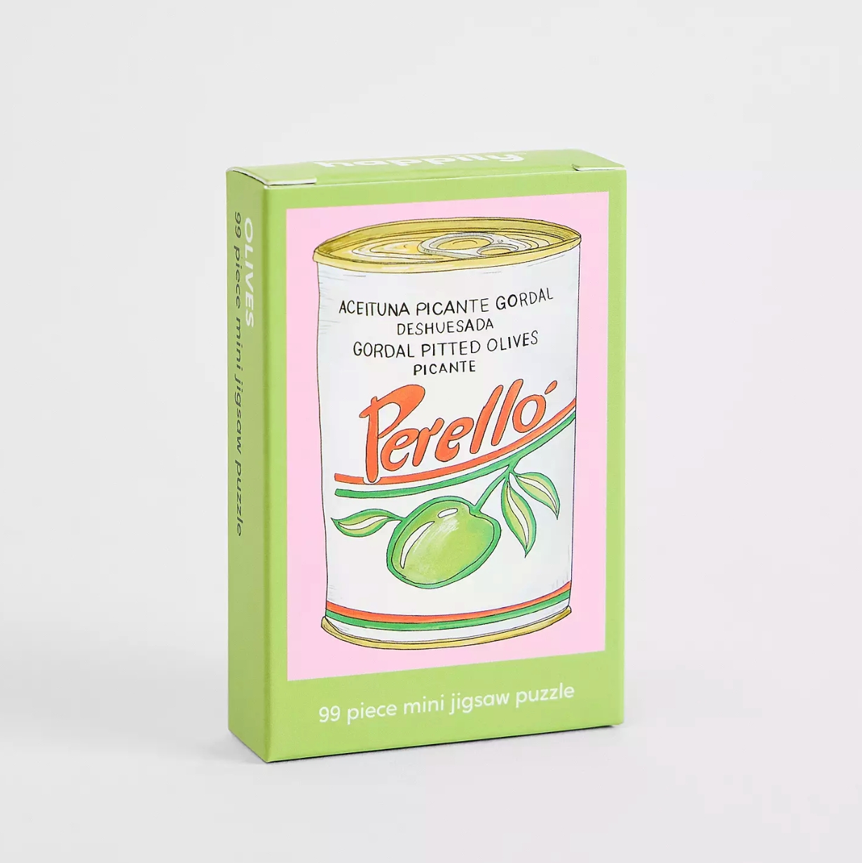 Perello olives puzzle box with green and pink design on a white background