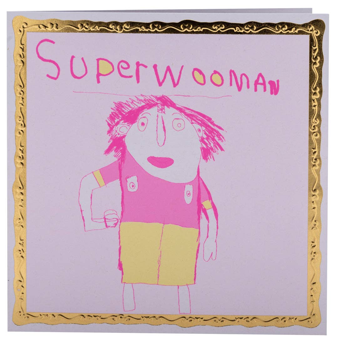 Card with a drawing of a woman labeled 'Superwoman' on a light purple background with a gold frame.