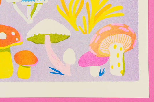 Colorful mushroom pattern on a fabric swatch with a pink border.