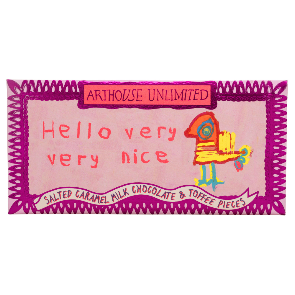 Chocolate bar packaging with 'Arthouse Unlimited' branding and colorful design.