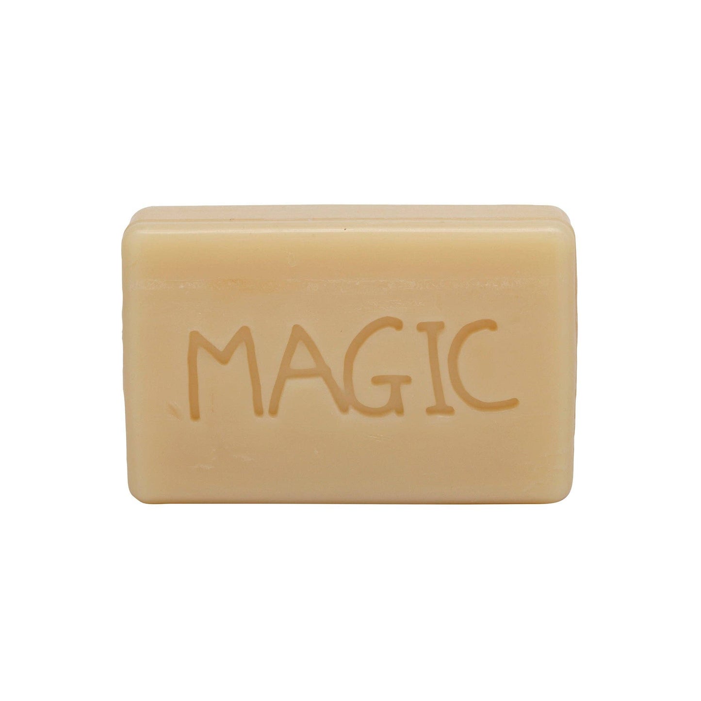 Bar of soap with 'MAGIC' embossed on a white background