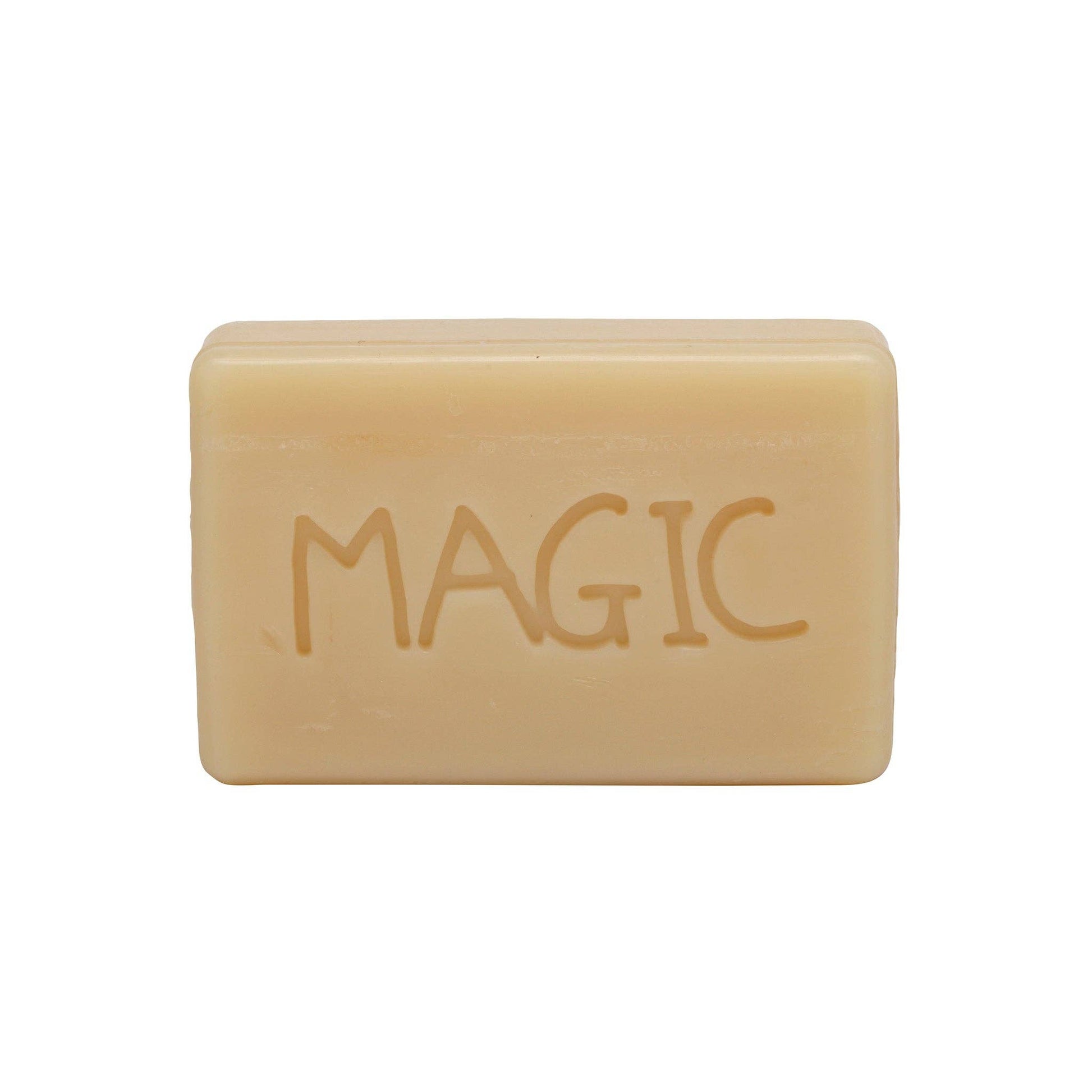Bar of soap with 'MAGIC' embossed on a white background