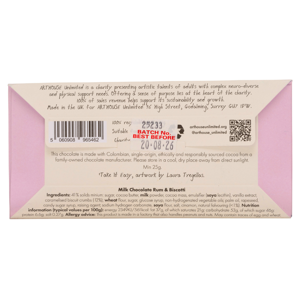 Back of a chocolate bar packaging with text and a QR code on a white background